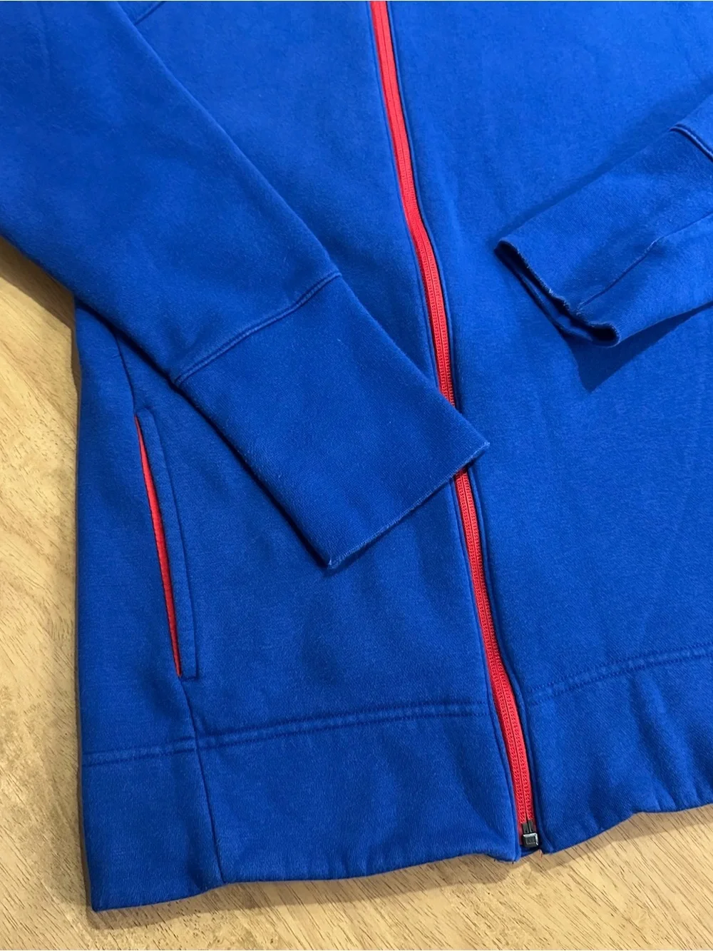 Nike Blue Buffalo Bills Assymetrical Zipper Hoodie with Red Trim Women’s Large
